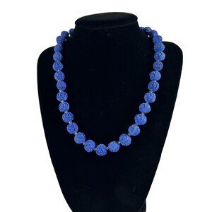 Blue Rose Shaped Clay Beaded Necklace 17" Clear Spacers